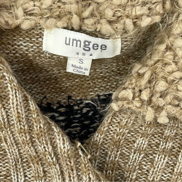 Umgee New Long Cardigan Sweater Tan W/Tribal Block design Cool Collar Sz.Small - Picture 5 of 8